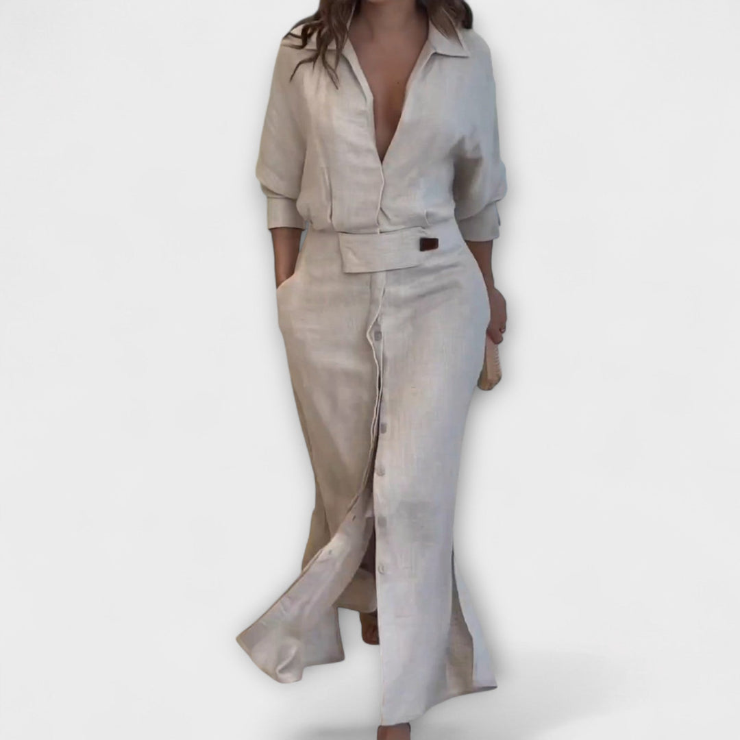 Jeanette - Vestido maxi crema con escote en V
