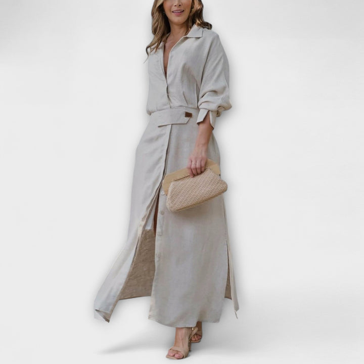 Jeanette - Vestido maxi crema con escote en V