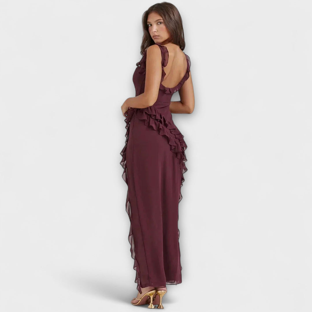 Lara - Vestido maxi burdeos con abertura elegante