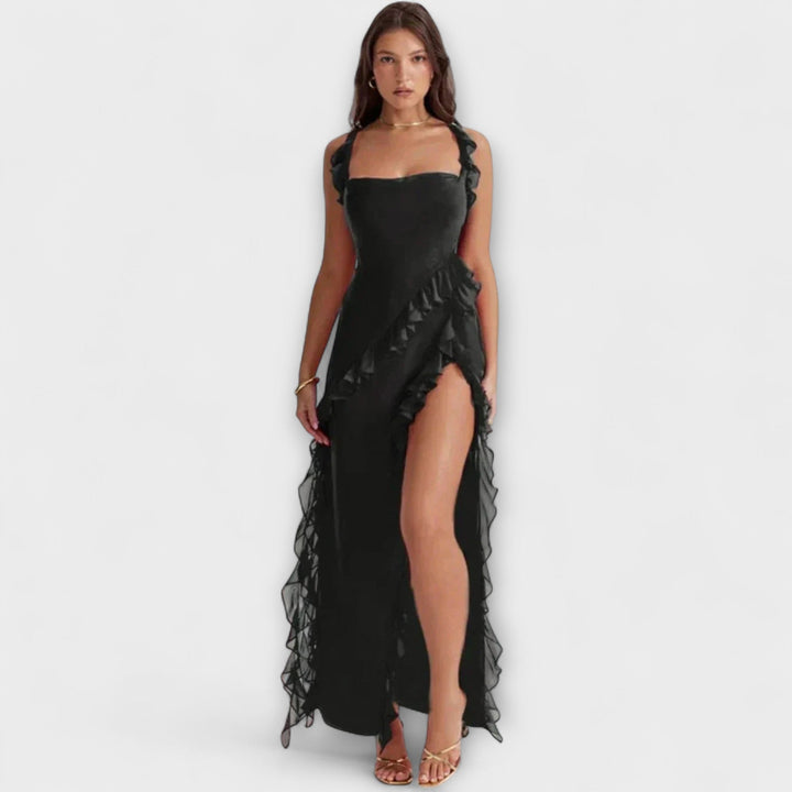 Lara - Vestido maxi burdeos con abertura elegante