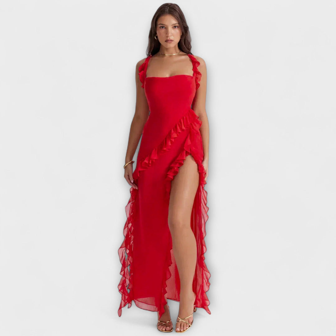 Lara - Vestido maxi burdeos con abertura elegante