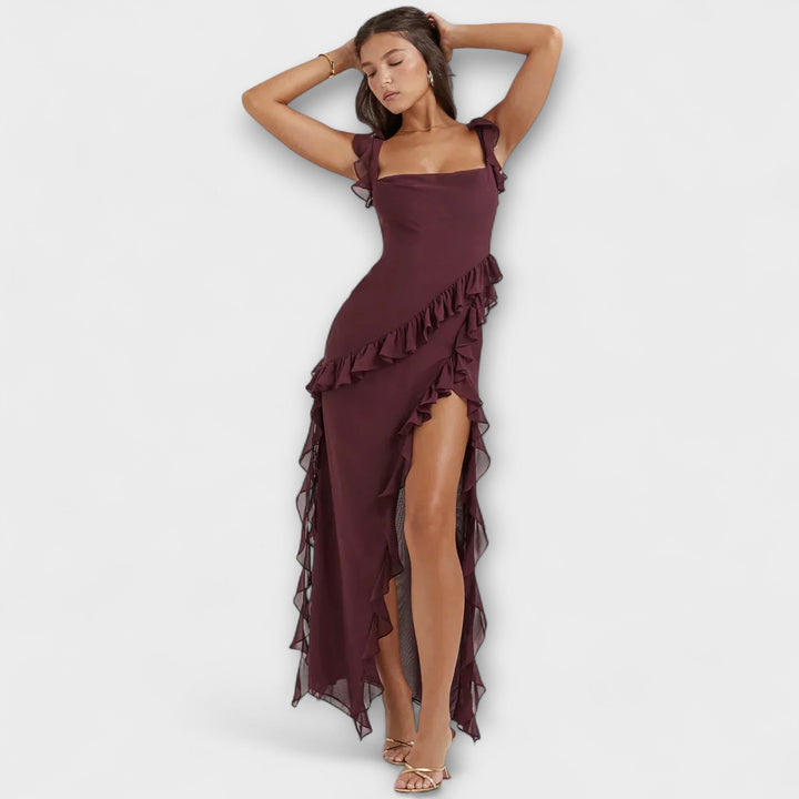 Lara - Vestido maxi burdeos con abertura elegante