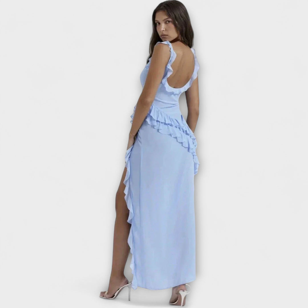 Lara - Vestido maxi burdeos con abertura elegante