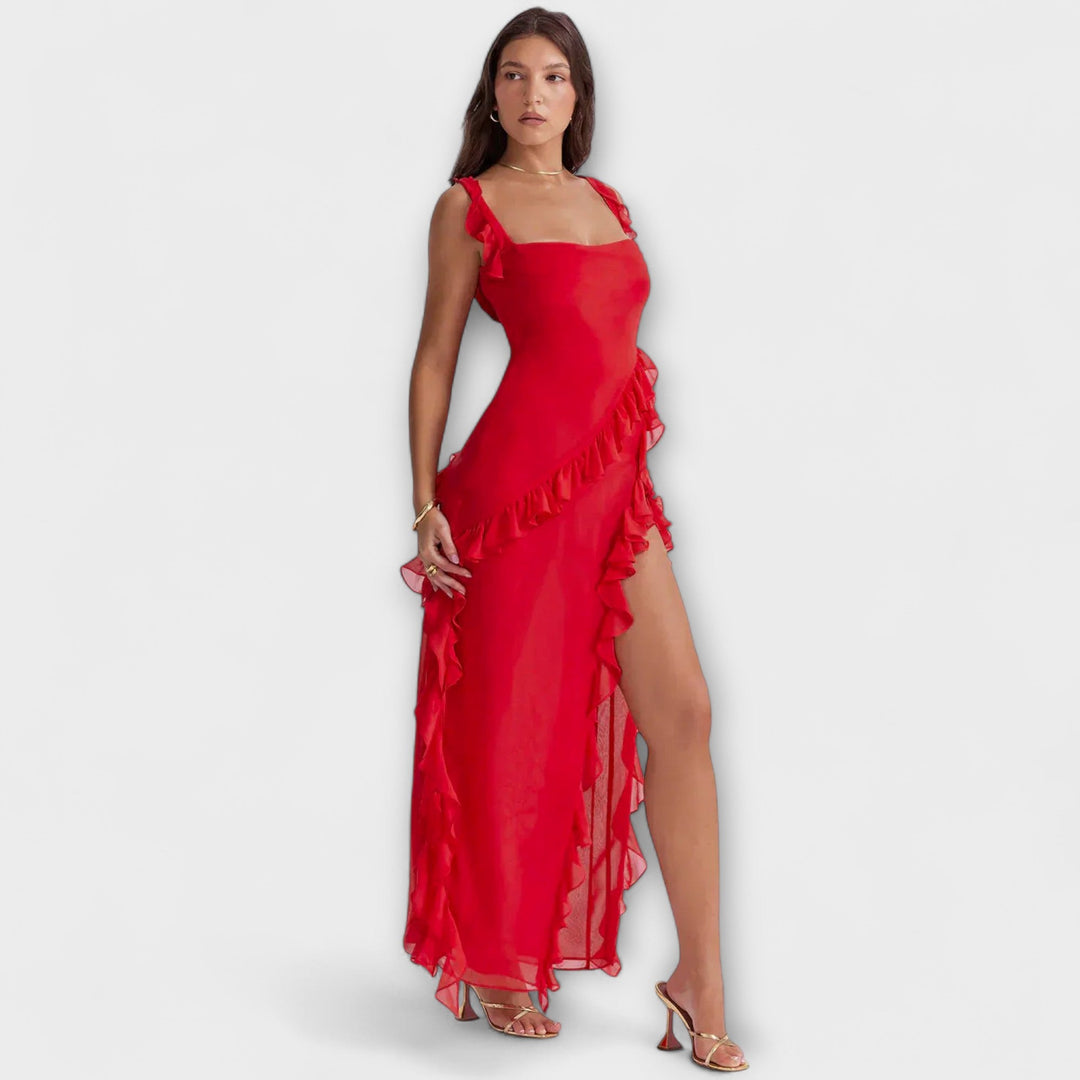 Lara - Vestido maxi burdeos con abertura elegante
