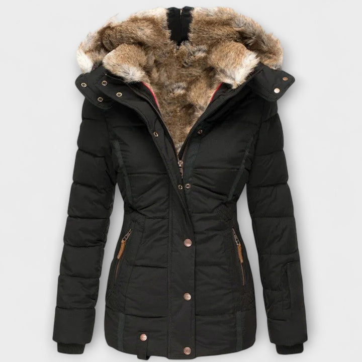 Tiana - Chaqueta elegante negra para mujer con capucha de piel