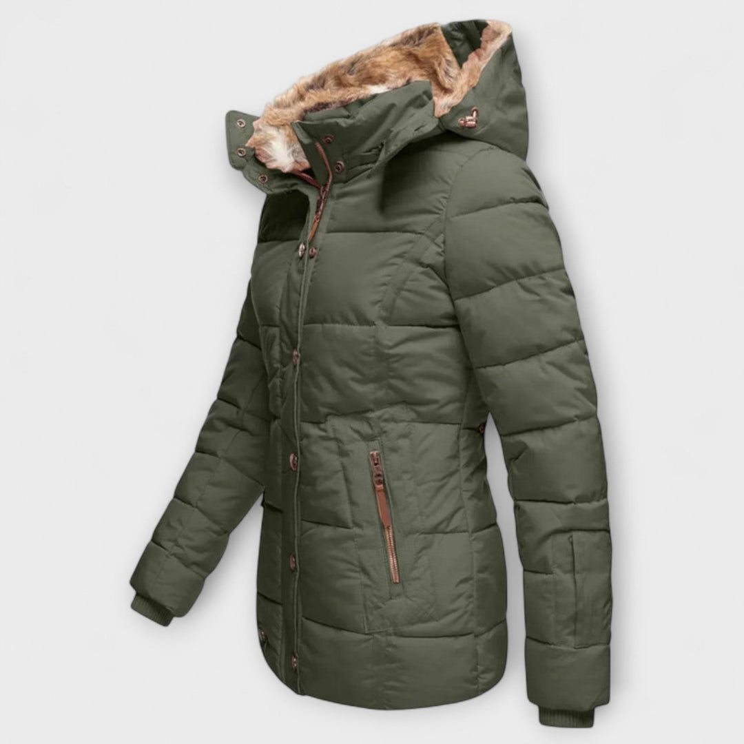 Tiana - Chaqueta elegante negra para mujer con capucha de piel