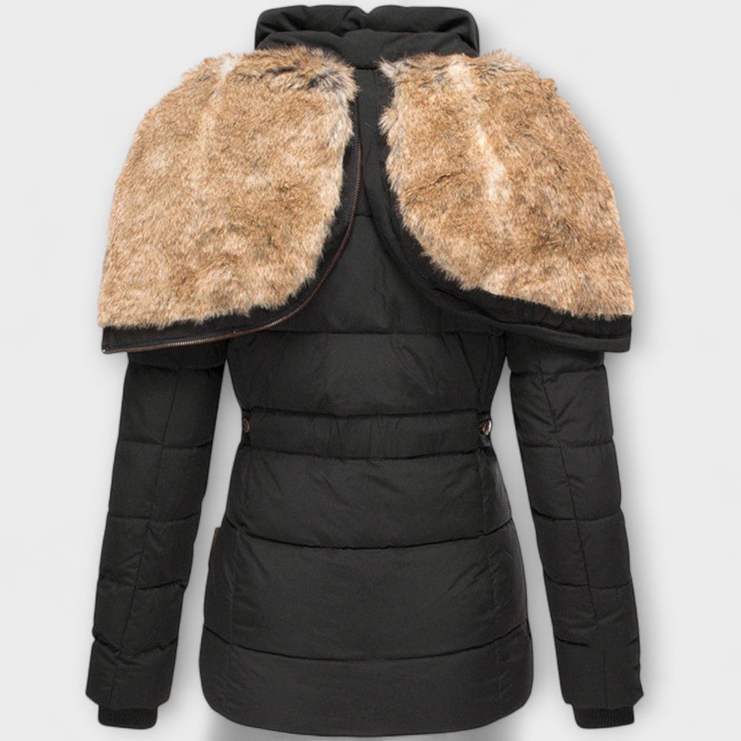 Tiana - Chaqueta elegante negra para mujer con capucha de piel
