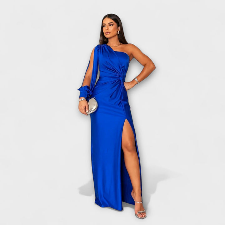 Elisa - Vestido de un solo hombro en color petróleo con fruncidos
