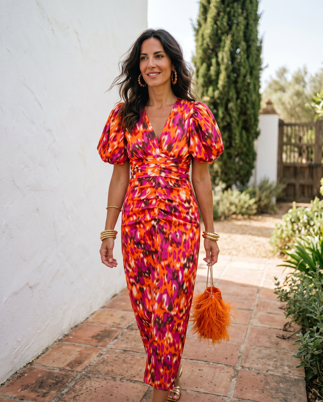 Carla - Vestido midi floral con mangas abullonadas