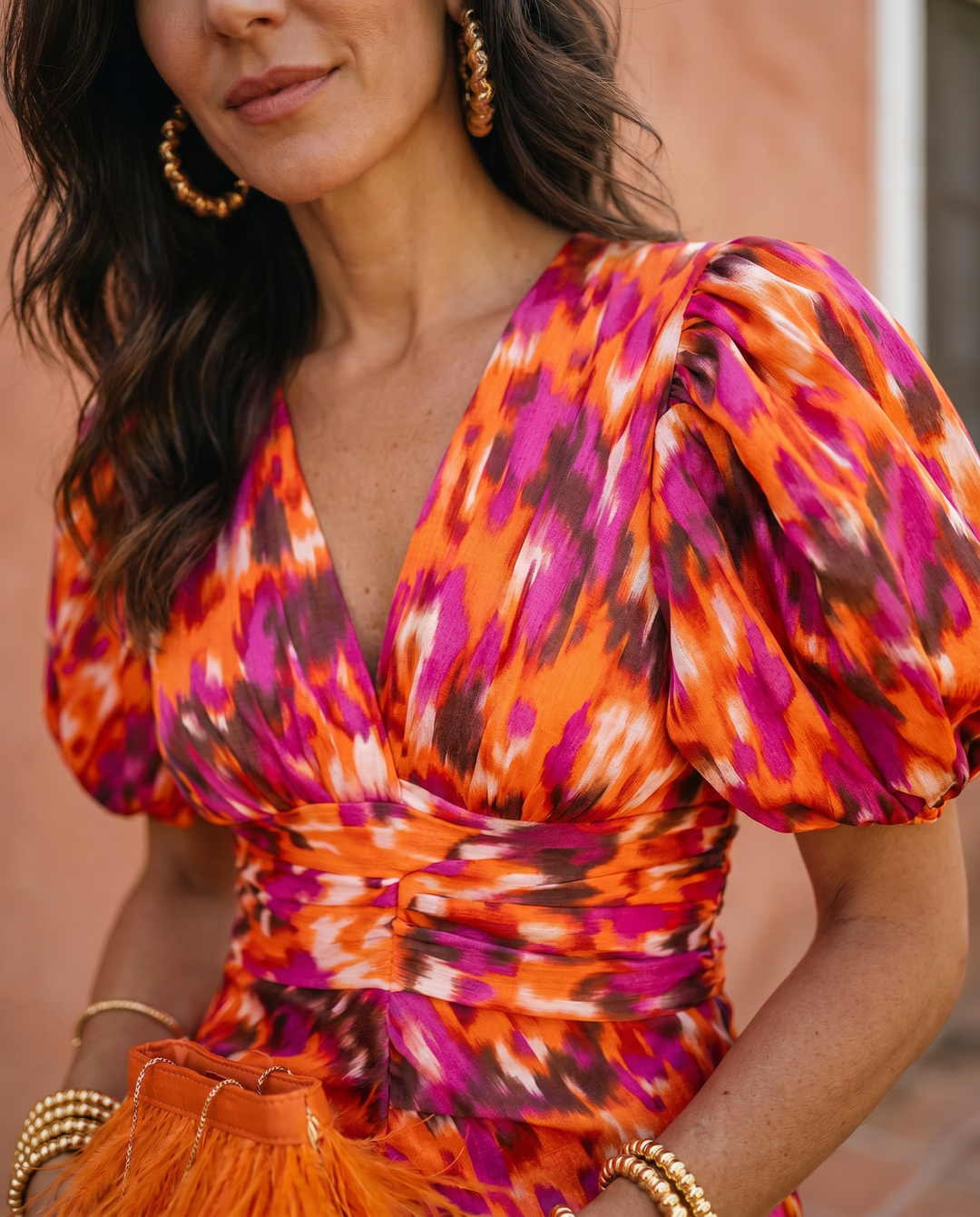 Carla - Vestido midi floral con mangas abullonadas