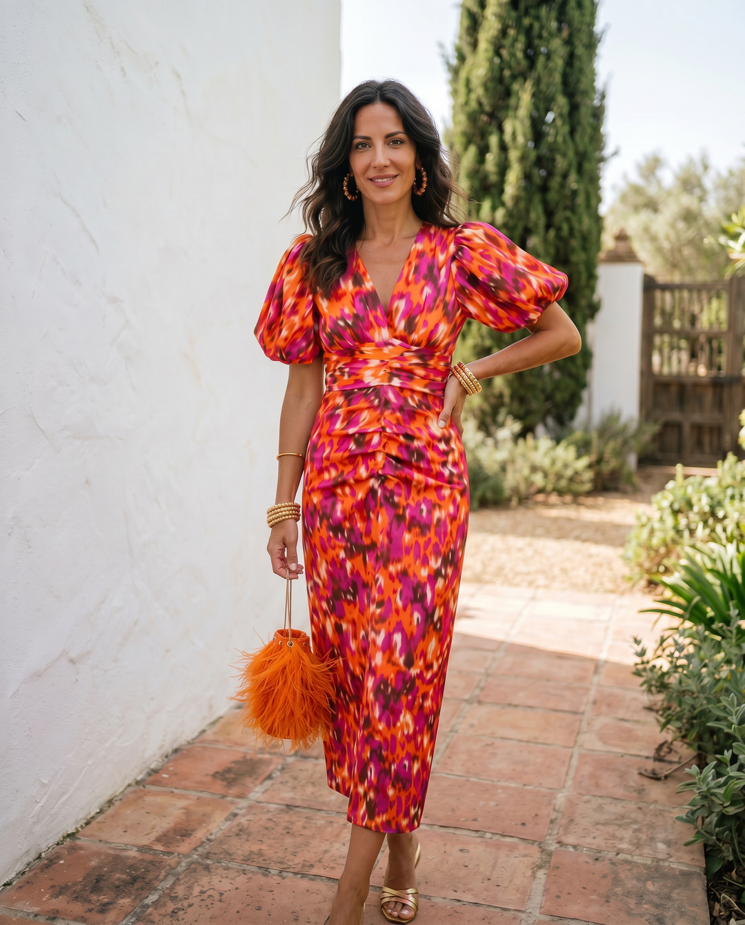Carla - Vestido midi floral con mangas abullonadas