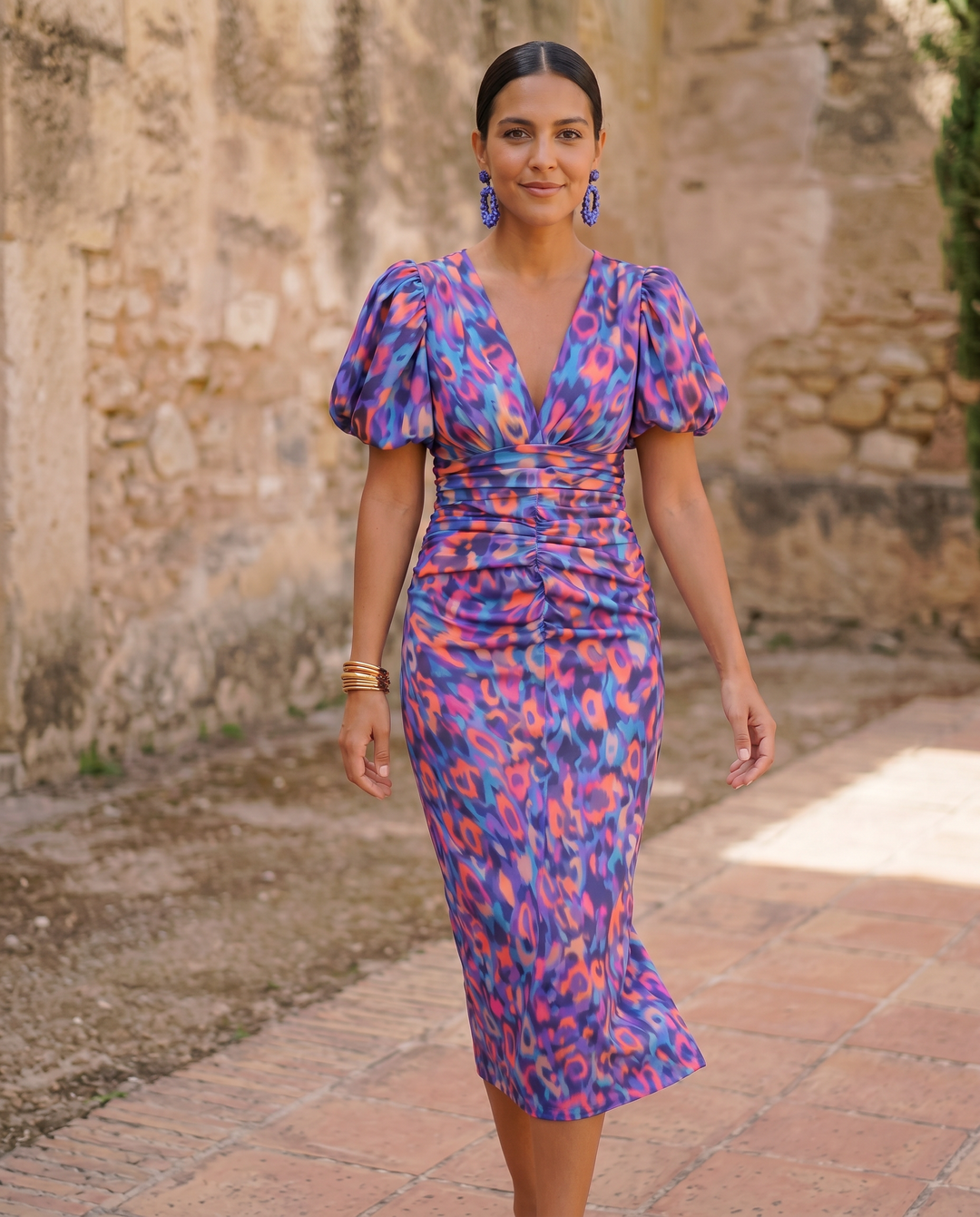 Carla - Vestido midi floral con mangas abullonadas