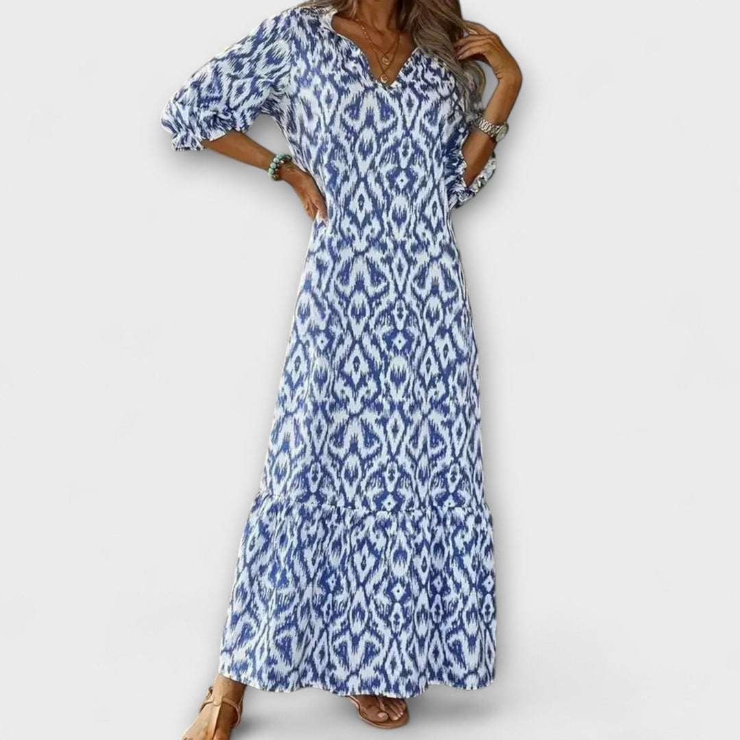 Vestido maxi blanco y azul elegante con estampado para dama