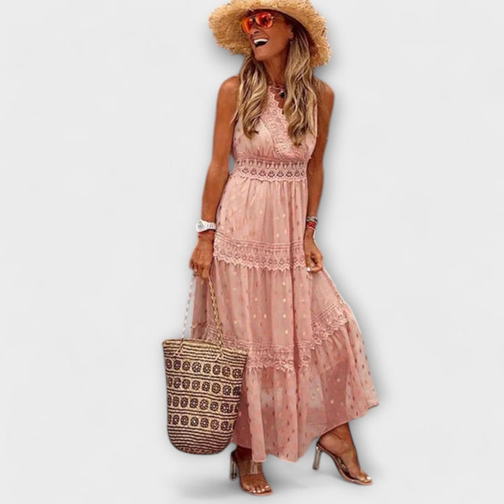 Lola - Vestido largo azul claro con encaje bohemio
