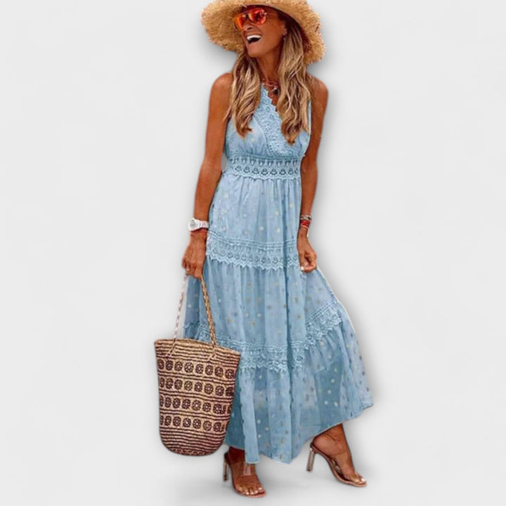Lola - Vestido largo azul claro con encaje bohemio