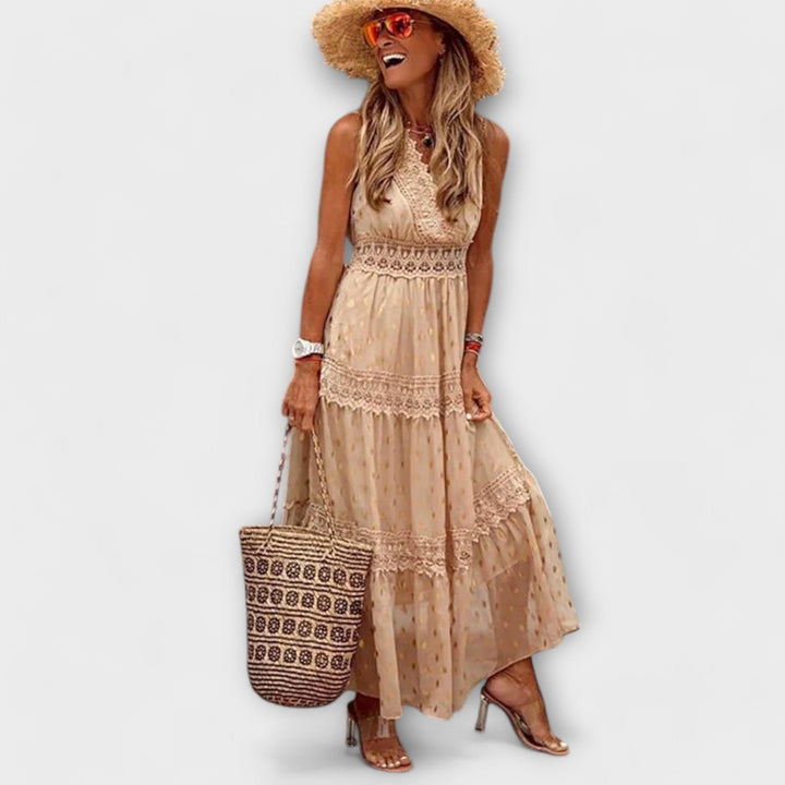 Lola - Vestido largo azul claro con encaje bohemio