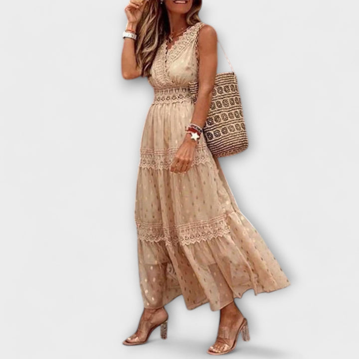 Lola - Vestido largo azul claro con encaje bohemio