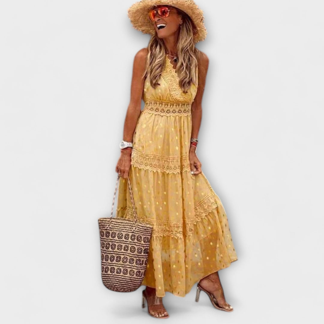 Lola - Vestido largo azul claro con encaje bohemio