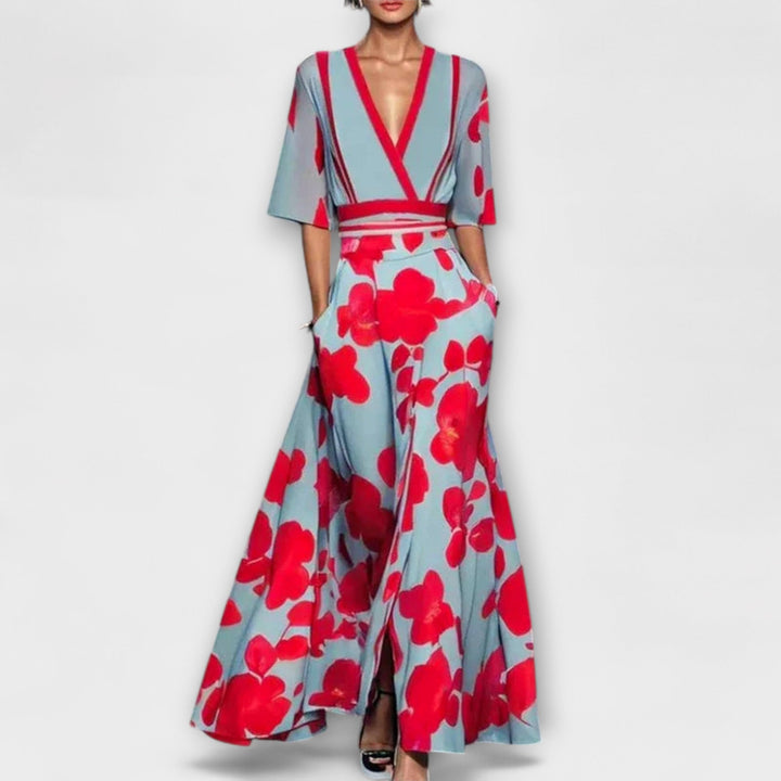Alma - Vestido blanco y azul con estampado de flores