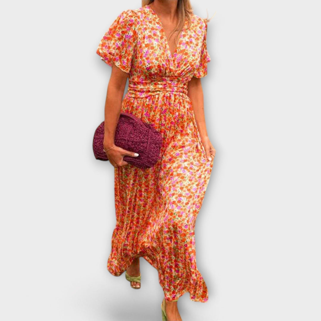 Elsie - Vestido maxi naranja con escote en V
