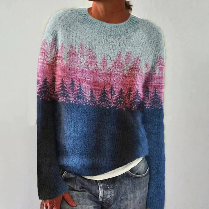 Svetlana - Jersey retro azul con patrón de pinos