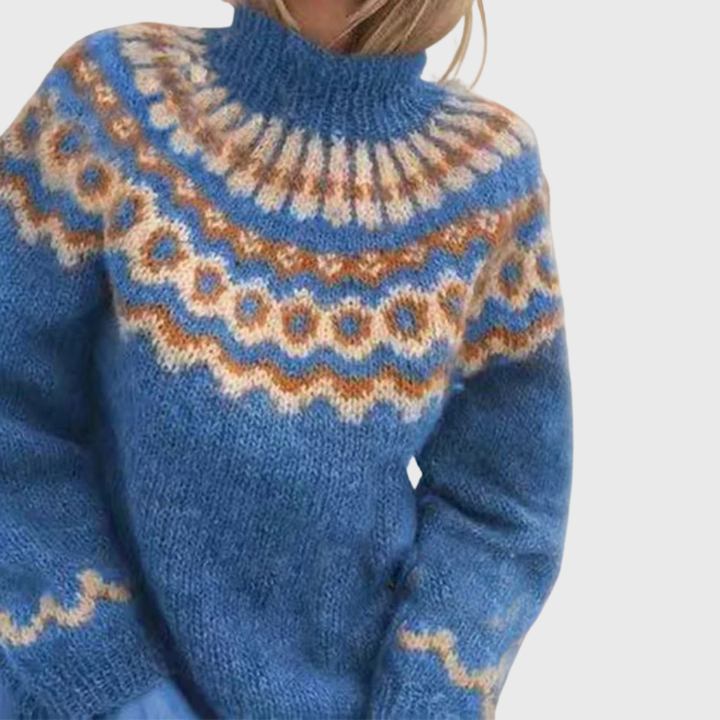 Sonja - Jersey azul con cuello alto y diseño noruego