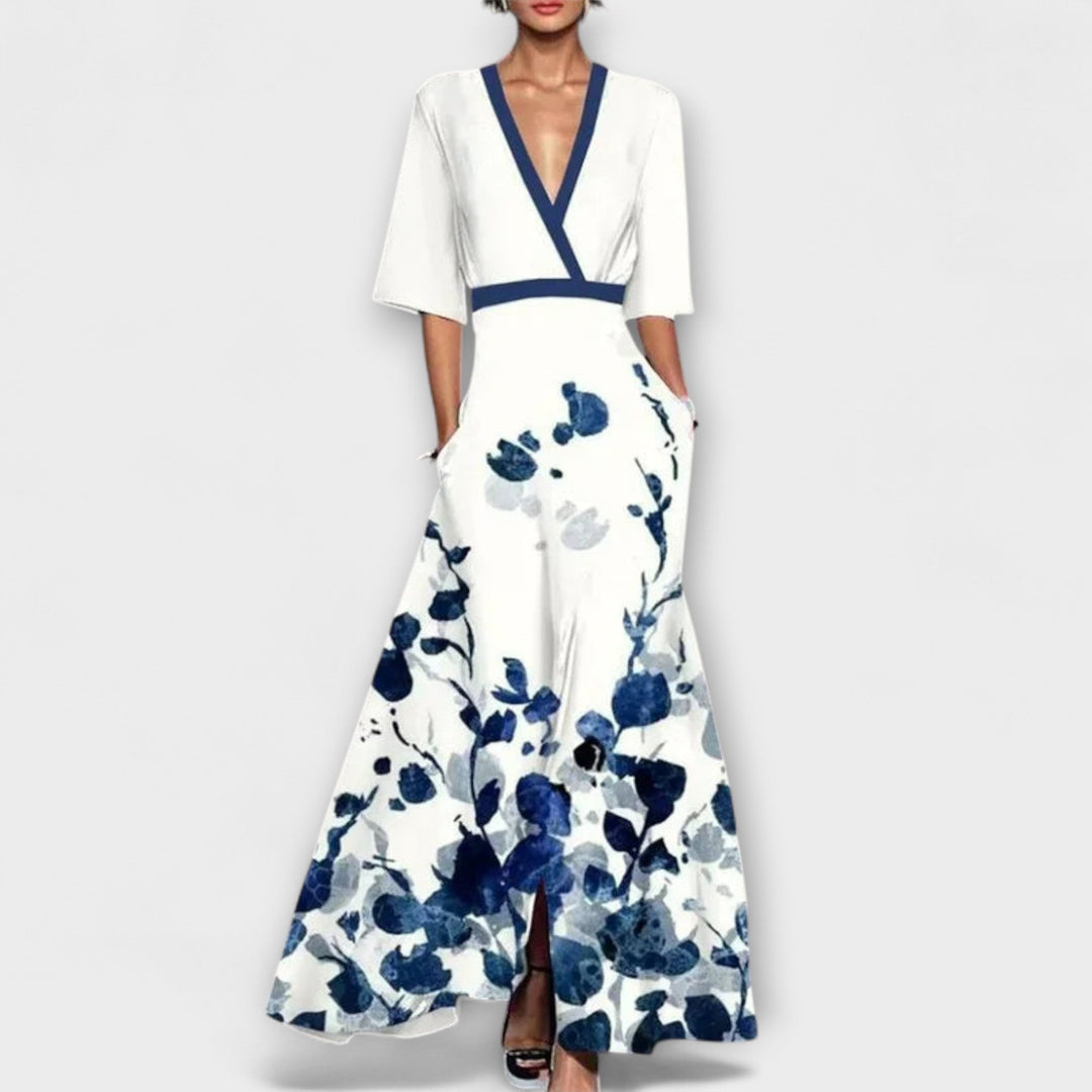 Alma - Vestido blanco y azul con estampado de flores